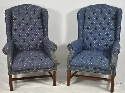 Pair Tufted Designer Mahogany Chippendale Armchairs Wing Chairs Blue Fabric • $699