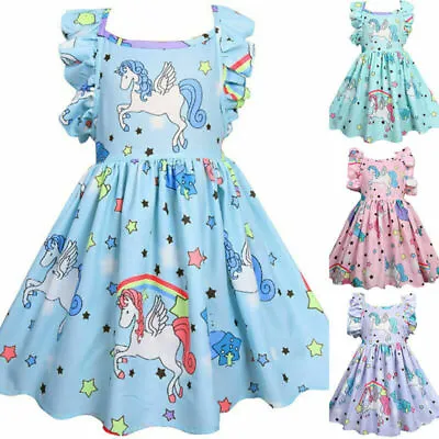 $22.49 • Buy Unicorn Girls Kids Skater Dress Princess Summer Birthday Party Ball Gown Dresses