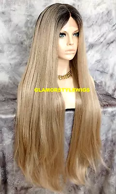 44  Lace Front Full Wig Extra Long Straight Ombre Brown Ash Blonde  Mix Heat Ok • $89.95