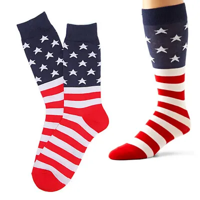 Men's Patriotic American Flag Stars Stripes Red White Blue Crew Dress Socks Gift • $10.92