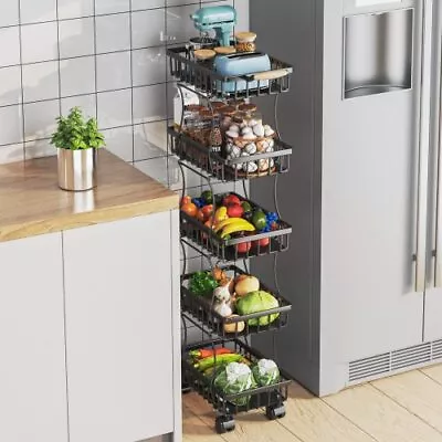 Fruit Vegetable Storage Basket 5Tier Metal Basket Stand With Wheels Kitchen • $47.99