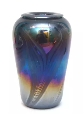 Mt St Helens Glass 6  Pulled Feather Iridescent Vase Signed 1981 Amethyst • $40