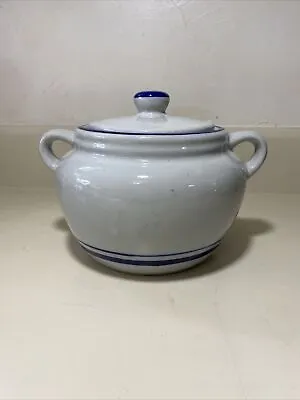 Vintage Bean Pot White With Blue Band • $29.97