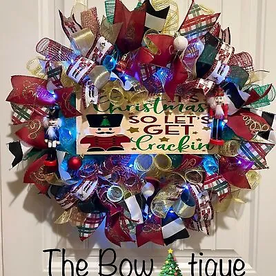 Christmas Nutcracker Holiday Ribbon Door Wreath Handmade 22 Ins LED W3 • $84