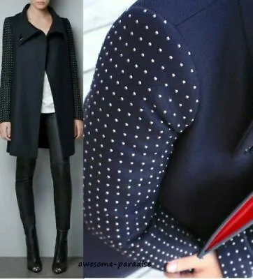 Zara Coat Navy Blue Studded Applique Sleeve Winter Blazer Jacket Extra Small Xs • $55.99