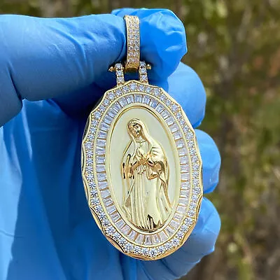 14K Gold Plated 925 Silver Mary La Virgen De Guadalupe Oval Pendant CZ Medium 2  • $69.95