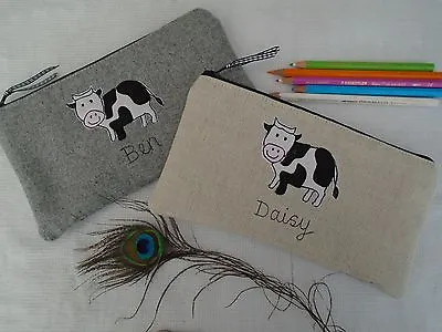 £14.99 • Buy Personalised Cow Pencil Case Grey Wool Or Linen Word Choice Polka Dot Lining