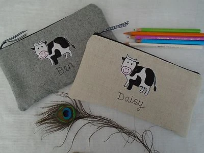 £15.49 • Buy Personalised Cow Pencil Case Grey Wool Or Linen Word Choice Polka Dot Lining