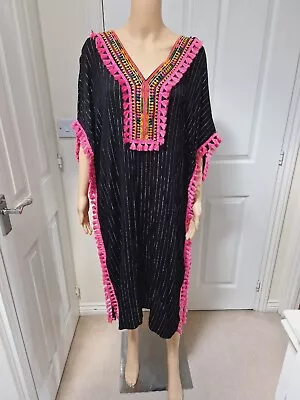 Moroccan Tassel Fringe Trim Embroidered Kaftan Kimono Midaxi Long Dress Black • $31.07