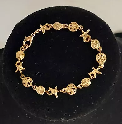 Vintage Nautical Link Bracelet -7  Gold Tone Starfish Sand Dollar Seashell Shell • $12.48