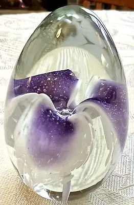 MSH Mount St Helens 2.5  Art Glass Egg Paperweight Purple & White Signed MSH 87 • $22.99