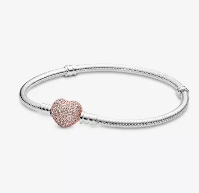 $99 • Buy PANDORA Jewelry Moments Heart Clasp Snake Chain Charm  Rose Gold Bracelet