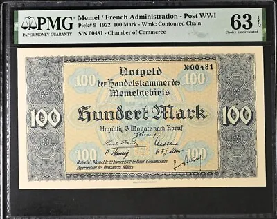 MEMEL 100 Mark (1922) Lithuania Germany Klaipeda S/n 00481 UNC PMG 63 EPQ • $600