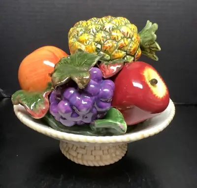 Vintage Hand Painted Ceramic Majolica Fruit In Basket Centerpiece / Accent Piece • $59.95