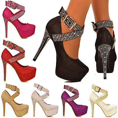 £26.99 • Buy Womens Sparkly Diamante Platform High Heels Ankle Straps Pumps Shoes Sizes 3-10
