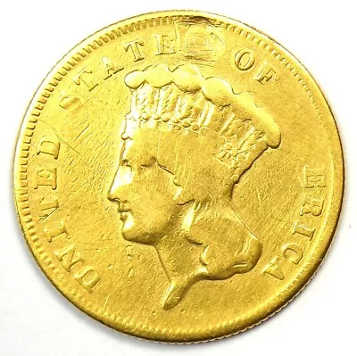 1869 Three Dollar Indian Gold Coin $3 - Fine Details (Plugged) - Rare Date! • $1125.75