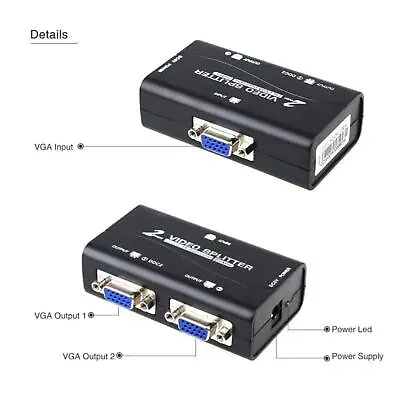 1 PC To 2 Monitor 2 Port VGA SVGA Video LCD Splitter Box Adapter W/ Power Cable • $12.97