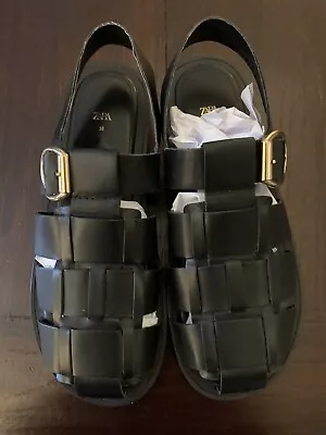 Zara Leather Sandals Caged Black Fisherman UK 5/38 • £45