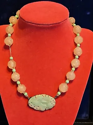 $299 • Buy Vtg Chinese Sterling Silver Pierced Carved JADE & ROSE QUARTZ 16  Necklace