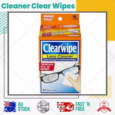 ClearWipe Lens Cleaner Alcohol Pre Moist Glasses Cleaning Wipe 60 Count Au| • $8.95