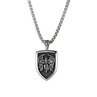 Men's Archangel Saint St Michael Medal Shield Pendant Necklace Stainless Steel • $10.99