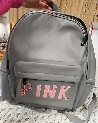 Pink Victoria's Secret Faux Leather Sequin Logo Campus Backpack Gray EUC • $9.99