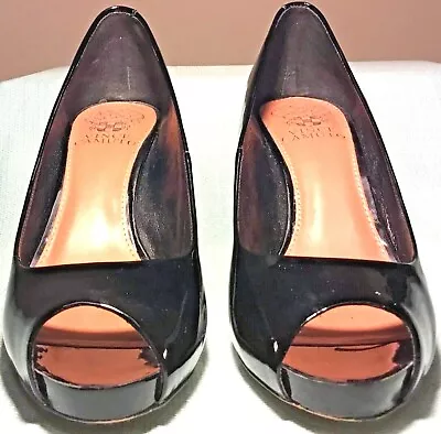 Vince Camuto Kira Pump Women 7B Black Patent Peep Toe Slip On Platform Heel Size • $34.99