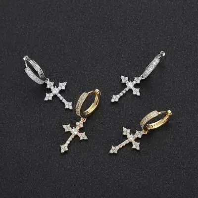 PAIR Men Women Cross Dangle Hoop Earrings Stainless Steel Ear Piercing Punk UK • £3.99