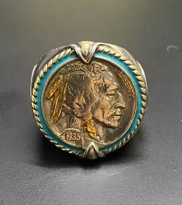 Bold Buffalo Nickel Inscribed Sterling Silver Vintage Ring Size 6.75 • $249.99