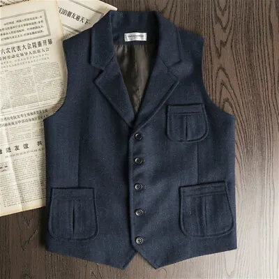 Men Tweed Waistcoat Retro Herringbone Vest Wool Blend Lapel Gilet Suit Top Retro • $64.12