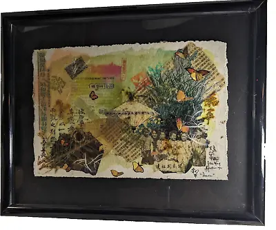 Vintage Collage Art Mixed Media Chinese Caligraphy Framed Signed Title Peace • $64.98