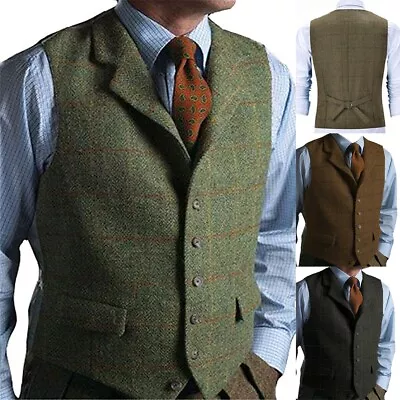 Green Mens Tweed Waistcoat Vintage Herringbone Wedding Formal Vest 42 44 46 48 • £23.94