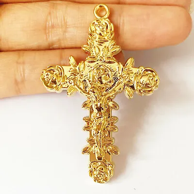 £7.76 • Buy 18K Gold Plated Rose 2  Crucifix Cross Rosary Parts Center Catholic Pendant