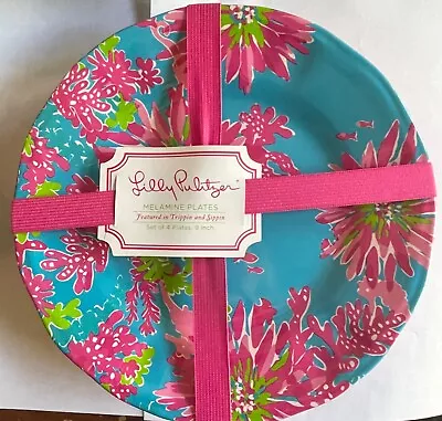 New Set Of 4 Lily Pulitzer Trippin & Sippin Floral Blue Pink Melamine Plates 9  • $11.95