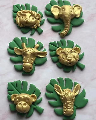 6 Gold Jungle Baby Leaf Plaques Edible Fondant Cupcake/cake Toppers Baby Shower • £6.95