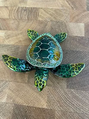 Sea Turtle Green Hand Painted Bejeweled Hinged Trinket Jewelry Box • $15