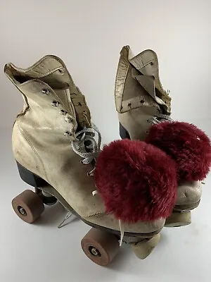 Vintage Women's Roller Skates Sears Size 9 White High Tops Toe Stop Pom Poms • $30