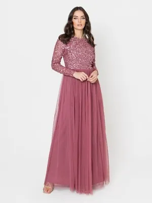 Maya Deluxe Desert Rose Pink Embellished Long Sleeve Maxi Dress UK 8 RRP £95 • £33.89