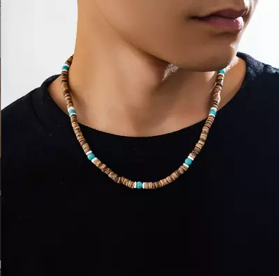 Men's Turquoise Wood Bead Coconut Shell Beaded Necklace • $4.28