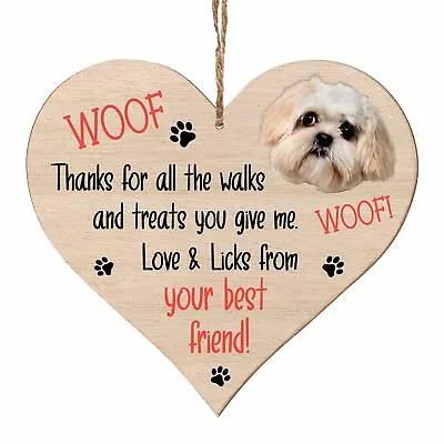 £4.99 • Buy Shih Tzu Gifts For Dog Lovers - Wooden Hanging Heart Plaque - WOOF!