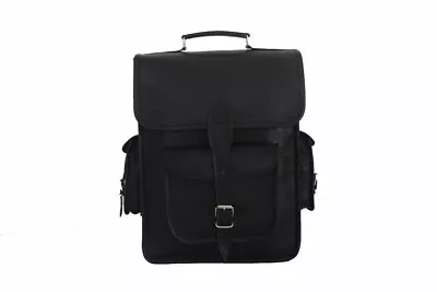 16  Black Leather Backpack Bag Rucksack Messenger Laptop Satchel Genuine Vintag • $61.10