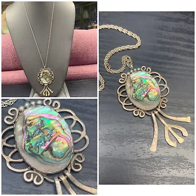 Vintage Boho Sterling Silver Large Abalone Pendant  Necklace 24” Sterling Chain • $59.58