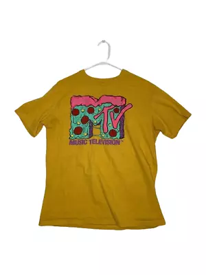 MTV Women Shirt Top Large Yellow Short Sleeve Crew Neck Graphics Print Ladies • £11.48