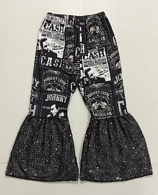 $6 • Buy Youth Girls Size 4 Johnny Cash Bell Bottom Pants Black/White With Sequin Pull-On