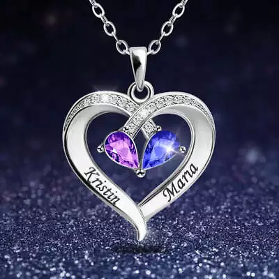 Personalized Name Engraved Heart Pendant Necklace With 2 Birthstones Jewelry • $39.99