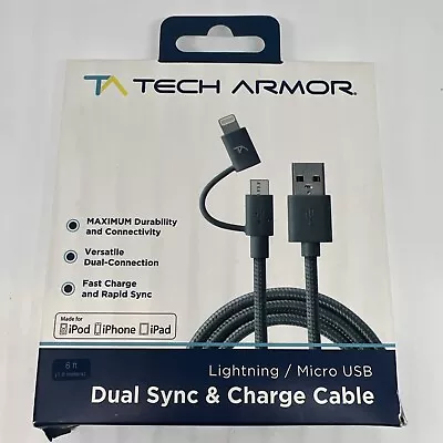 Tech Armor Lightning / Micro USB Dual Sync & Charge Cable - 6Ft - Space Gray • $8.99