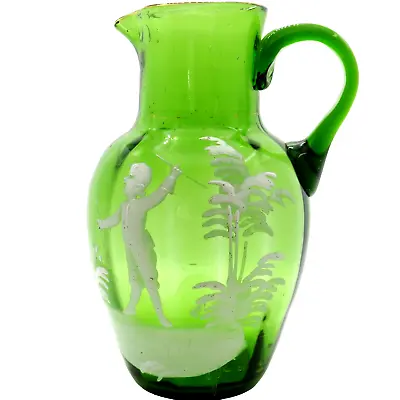 Genuine Antique Large Late 19th Century Mary Gregory Glass Green Jug Pitcher • $295.98