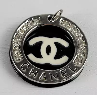 Vintage CHANEL Clear Rhinestone Silver And Black Enamel CC Charm Pendant 1 Inch • £32.38