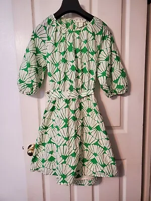 H&M Green White Cotton Dress Open Back Tie Waist Sz Small New!  • $18
