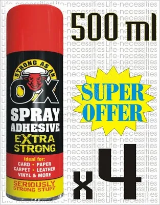 4 X 500ml Adhesive Glue Spray For Multi Purpose Craft Carpet Fabric Foam Aerosol • £14.99